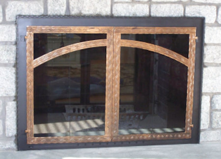 Black frame with half inch hammer and groove molding, antique copper santa fe wave hammered steel vice bifold doors with smoked glass on stone